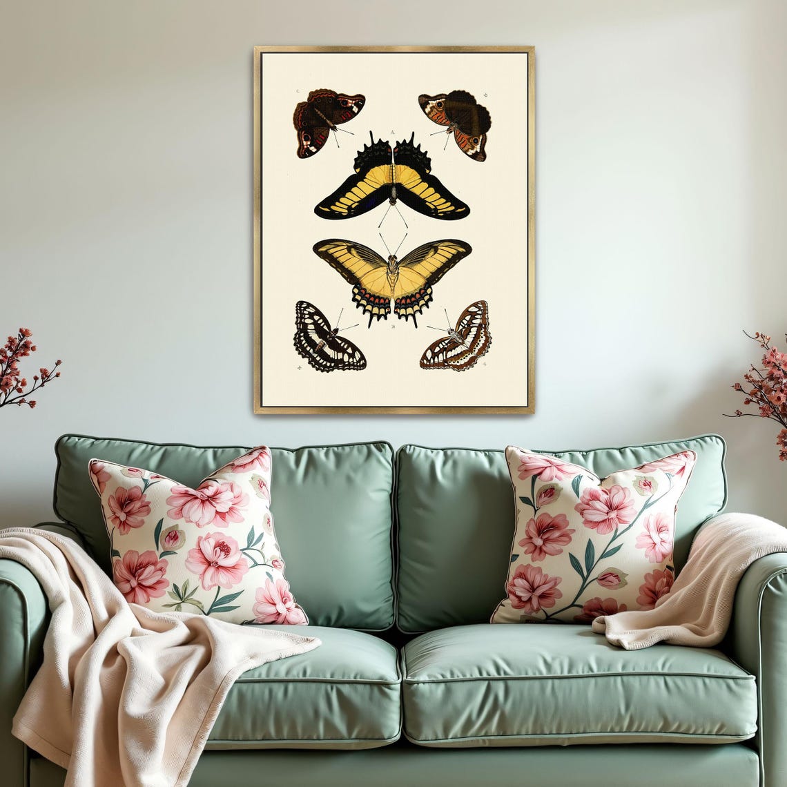 Framed Wall Art Of Five Butterflies On A White Background Animal Wall Art Black And Brown Bedroom Art Print Victorian Illustration