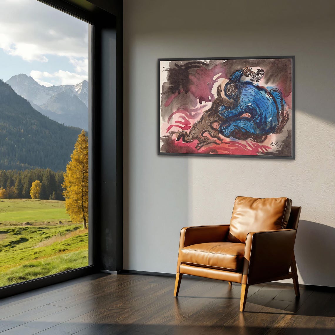 Blue Figure With Brown Beast Expressionist Watercolor Poster - Image 3