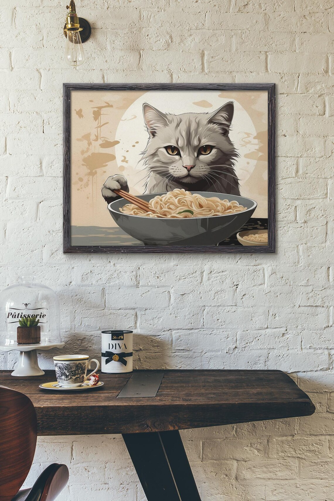 Grumpy Gray Cat Eating Noodles Japanese Style Humor Kitchen Poster - Image 3