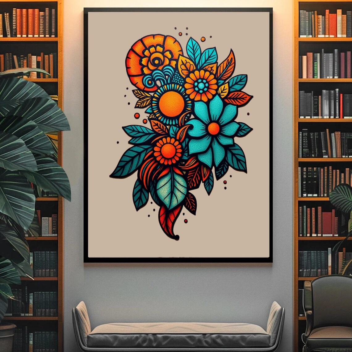 Tattoo Style Floral Bouquet Orange Teal Flowers Beige Botanical Poster - Image 4