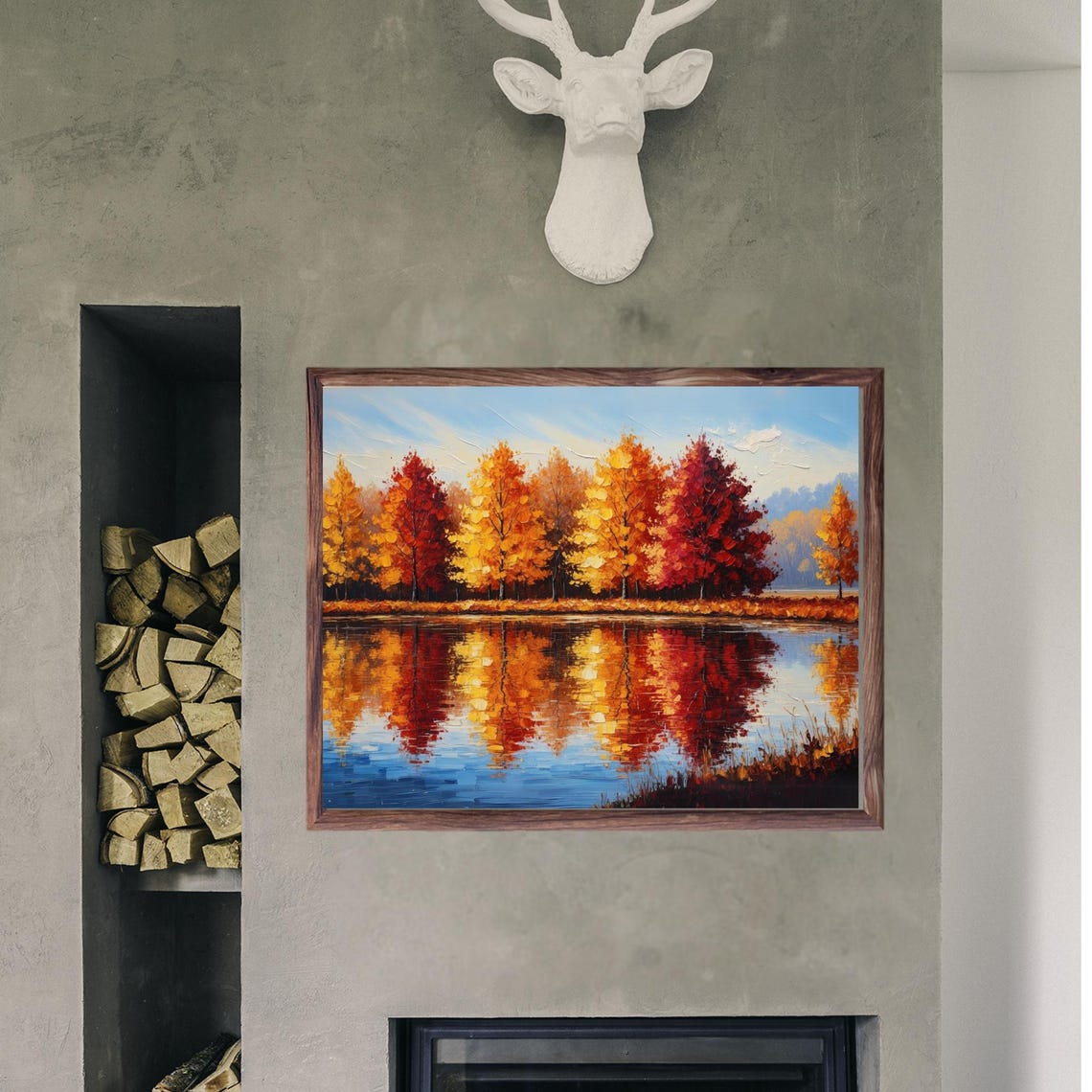 Red Gold Autumn Trees Reflected In Calm Lake Impressionist Poster - Image 3
