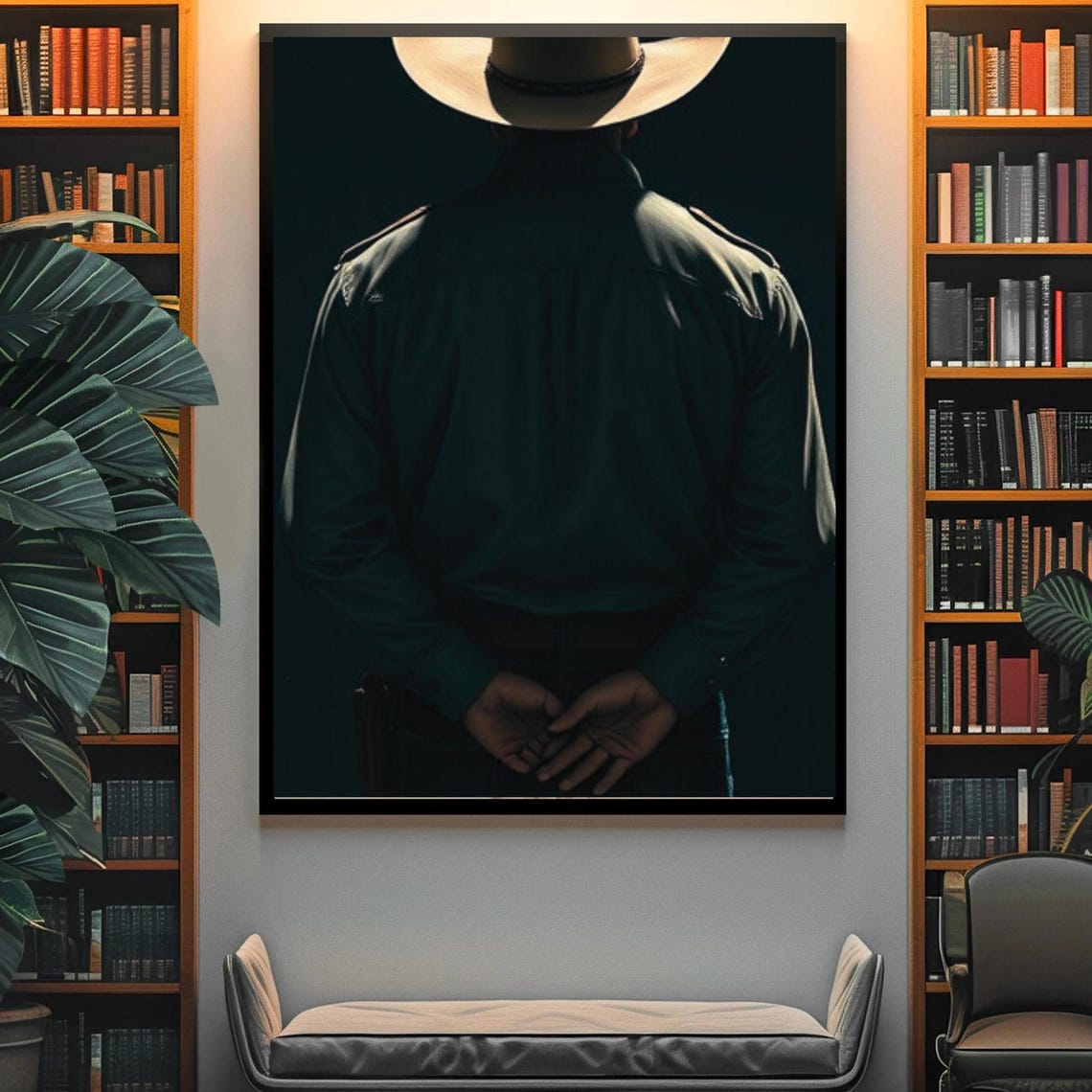Cowboy From Behind Dark Green Shirt Clasped Hands Moody Ranch Print - Image 4
