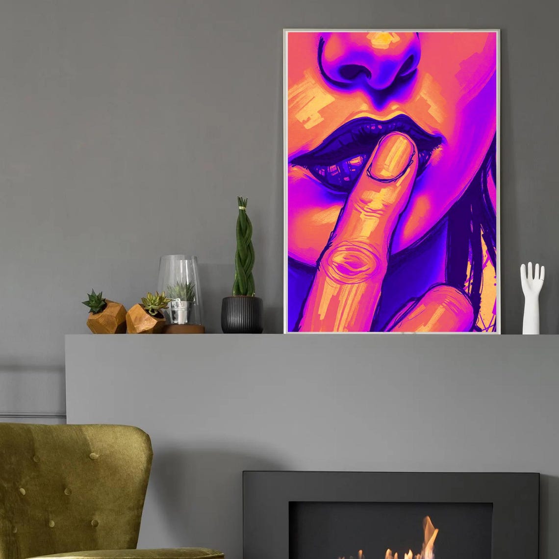 Neon Pop Art Lips Finger Over Mouth Vibrant Purple Orange Modern Print - Image 2