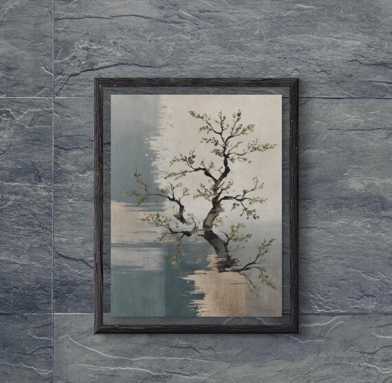 Lone Twisted Tree By Still Lake In Mist Japanese Style Wall Poster