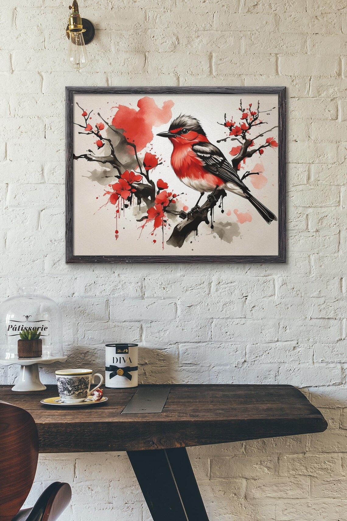 Scarlet Songbird On Cherry Blossom Branch Japanese Ink Art Poster - Image 3