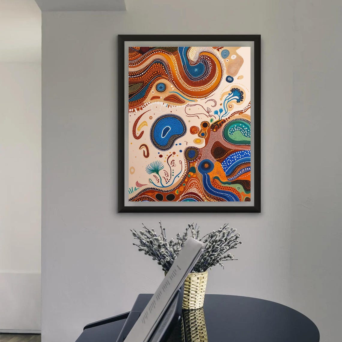 Australian Aboriginal Dot Painting In Earthy Blue And Orange Poster - Image 3