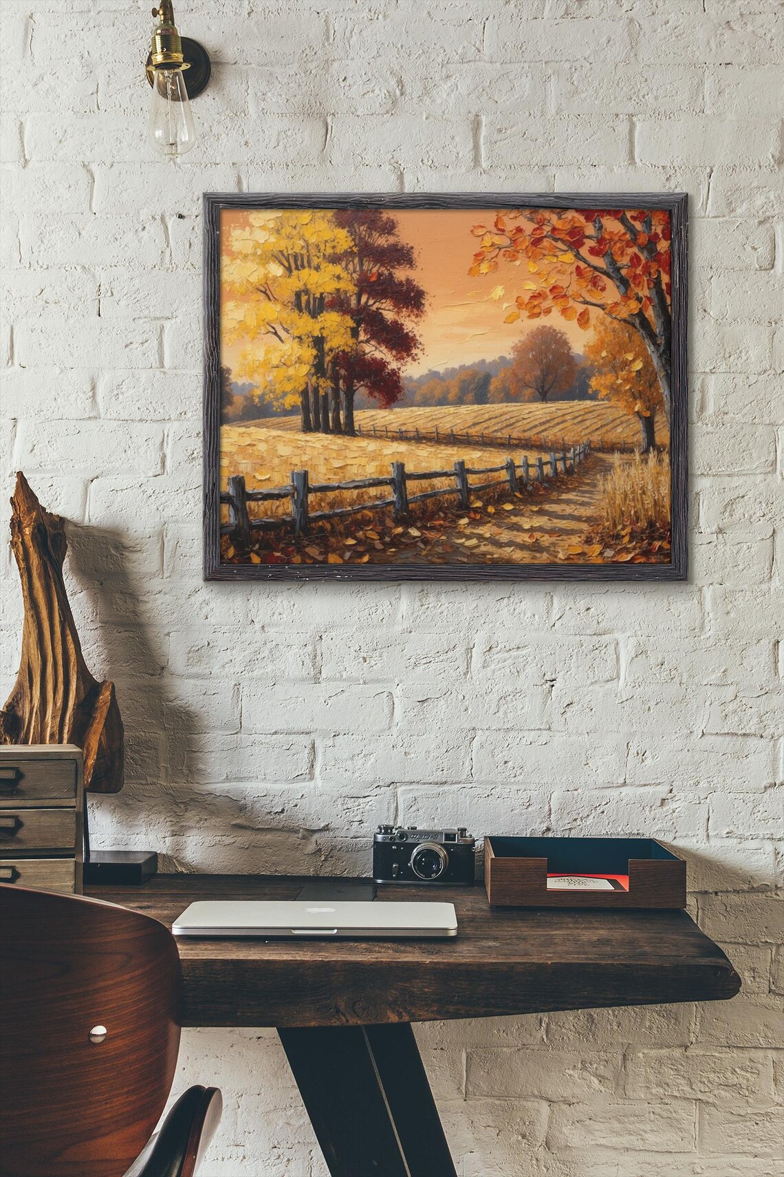 Golden Autumn Farm Field With Wooden Fence Sunset Countryside Poster - Image 3
