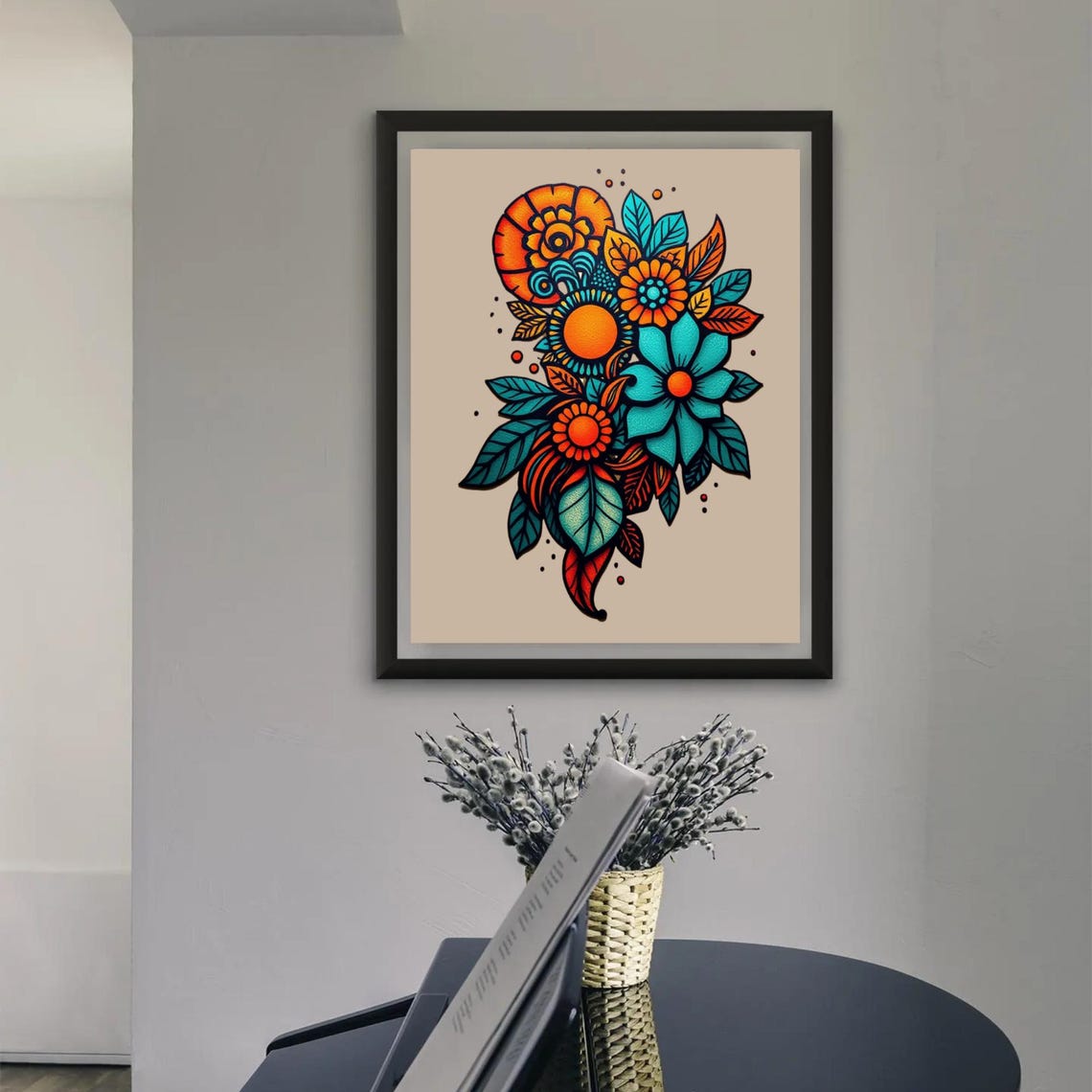 Tattoo Style Floral Bouquet Orange Teal Flowers Beige Botanical Poster - Image 3