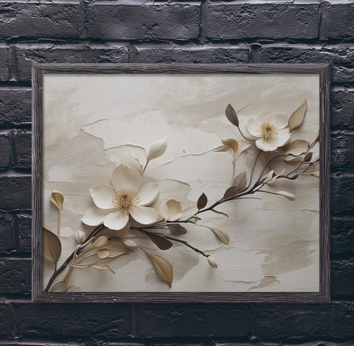 Cream Cherry Blossom Branch 3D Plaster Neutral Botanical Poster