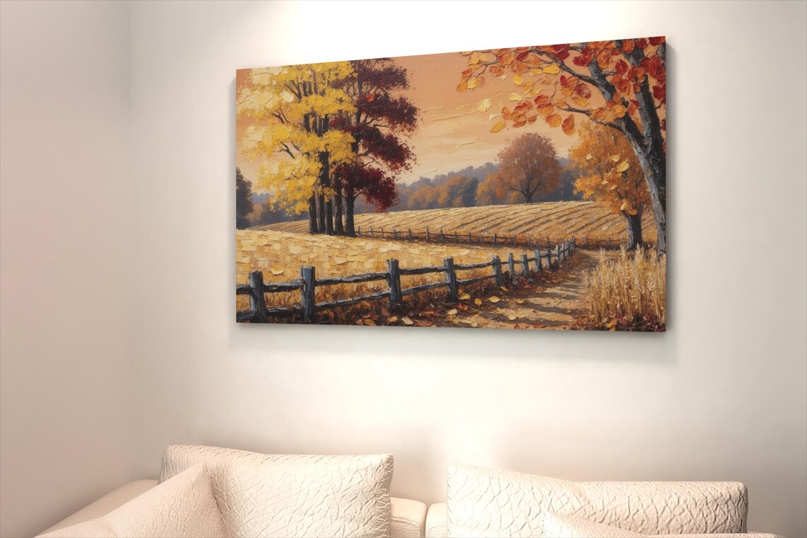 Golden Autumn Farm Field With Wooden Fence Sunset Countryside Poster - Image 4