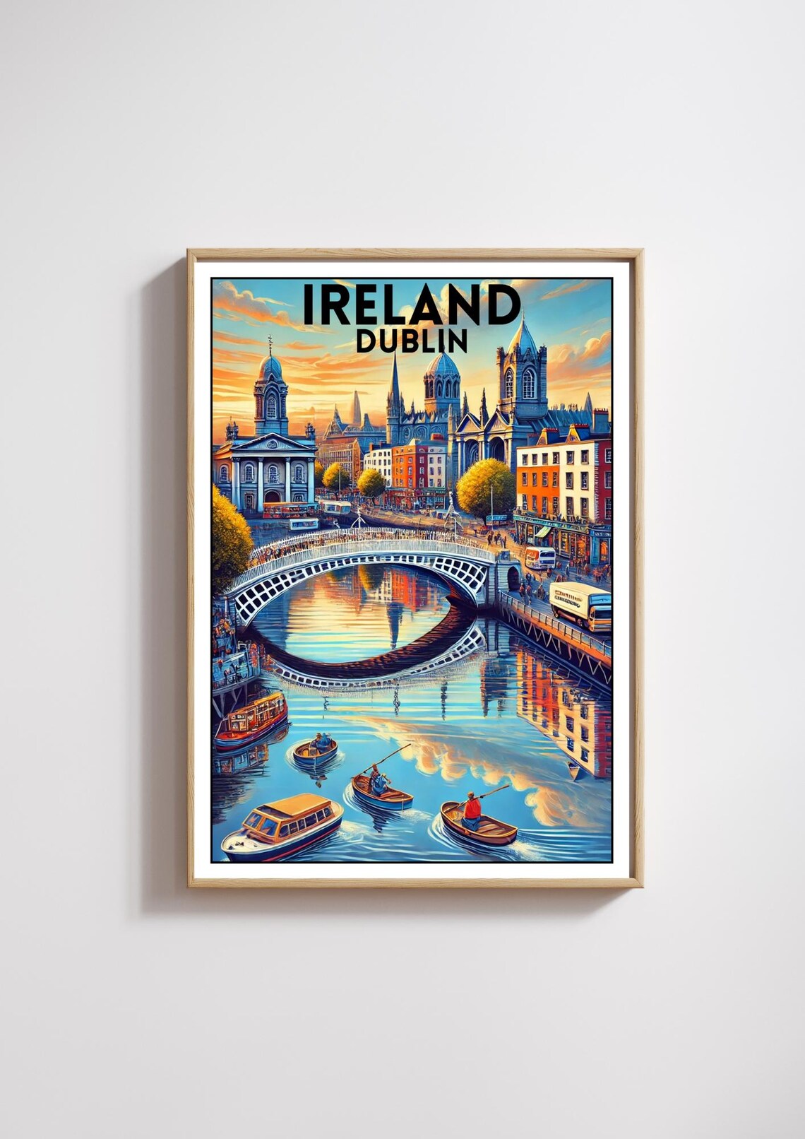 Dublin Ireland Hapenny Bridge River Liffey City Sunset Travel Poster