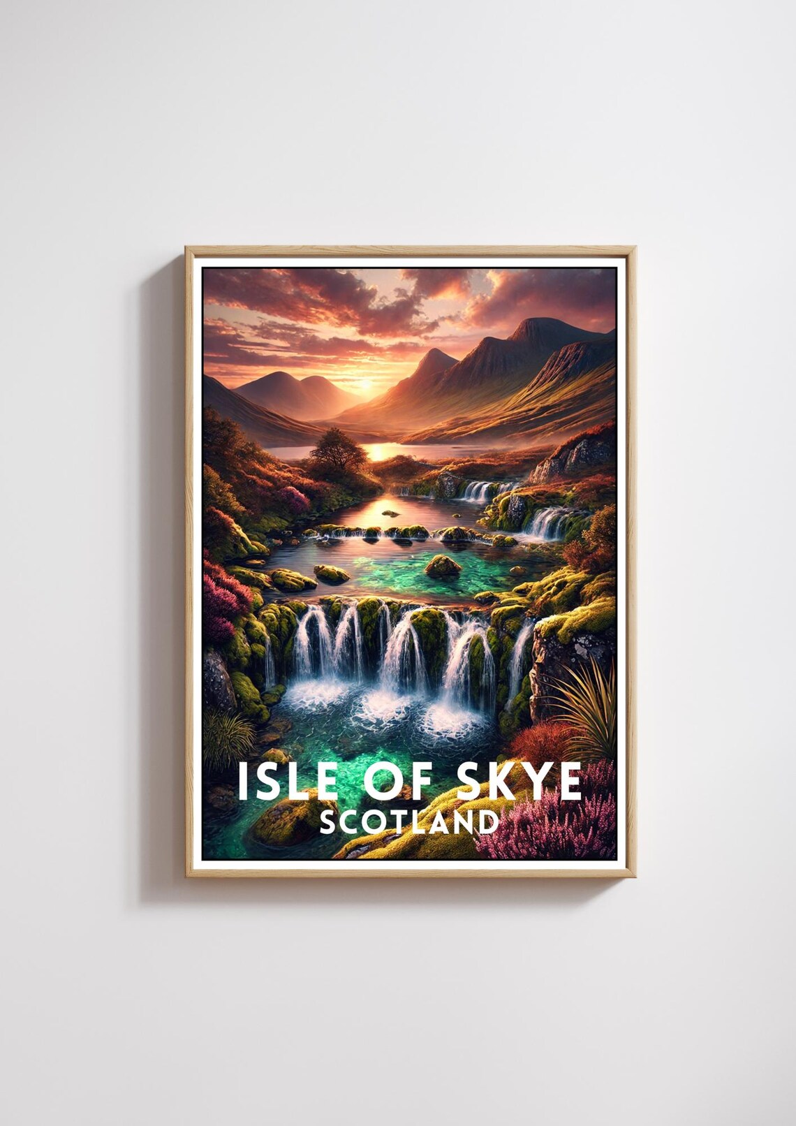 Isle of Skye Scotland Waterfall Sunset Highland Travel Poster