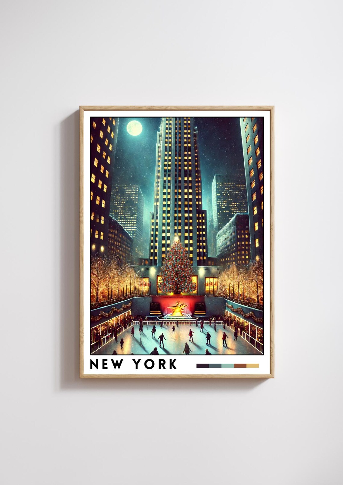 New York Rockefeller Center Christmas Tree Ice Rink Night Poster