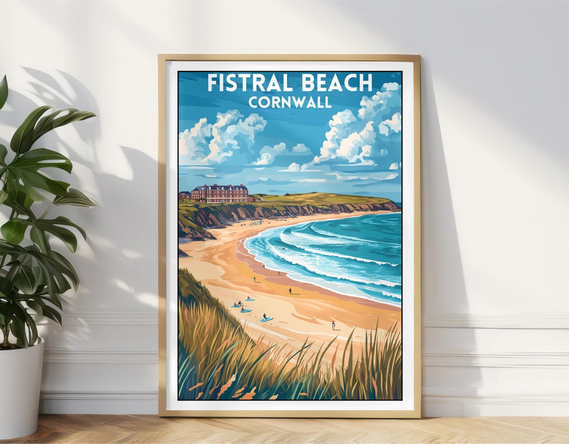 Fistral Beach Cornwall Surfing Coast Vintage Travel Style Art Poster