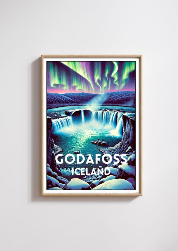 Iceland Godafoss Waterfall Poster Iceland Waterfall Print Godafoss Decor Wall Art Waterfall Art Print Northern Lights Art Travel Gift
