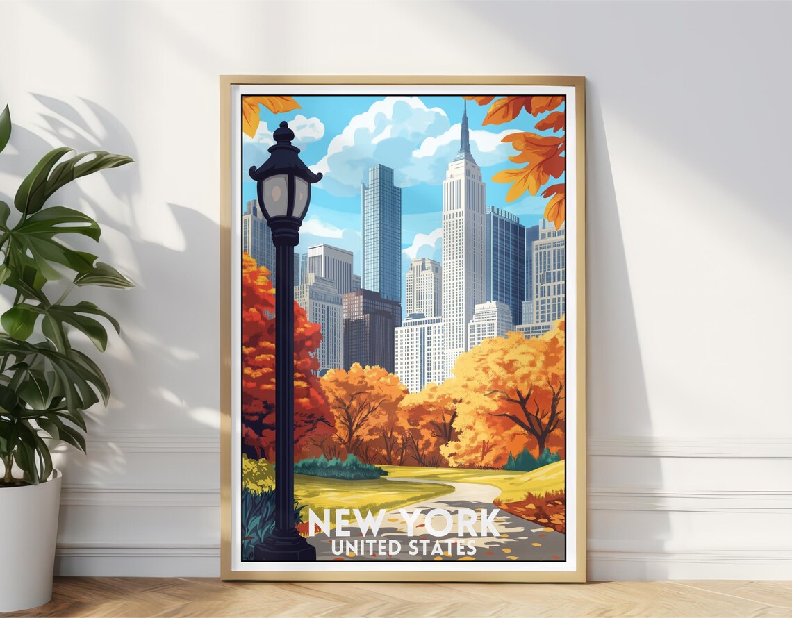New York Central Park Autumn Skyline Vintage Travel Style Poster