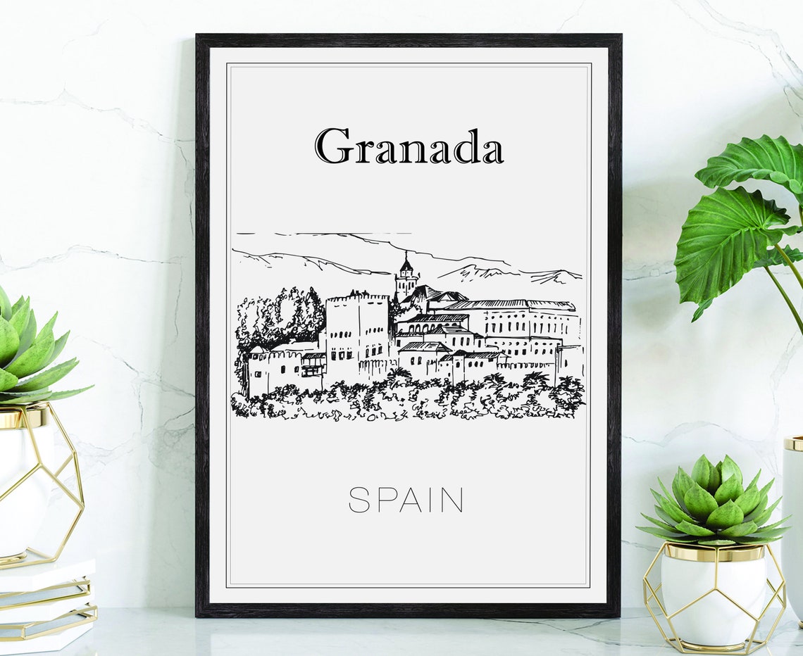 Granada Spain Alhambra Palace Hill Hand Drawn Sketch Travel Poster