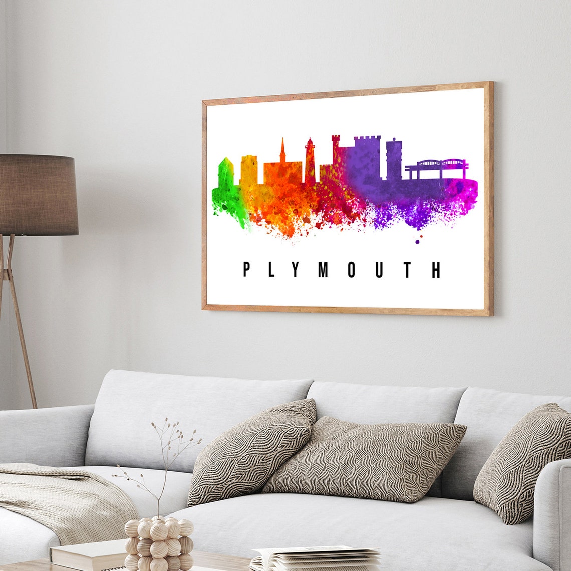 Plymouth England Lighthouse Harbor Watercolor Skyline Art Poster - Image 4