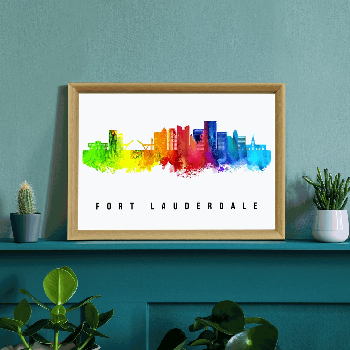 Fort Lauderdale Florida Watercolor Rainbow Skyline Travel Poster Art - Image 3