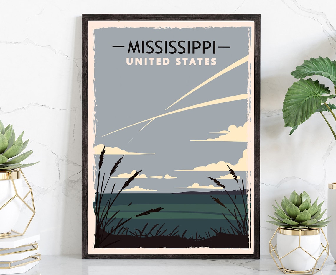 Mississippi United States Vintage Lakeside Sunset Retro Travel Poster