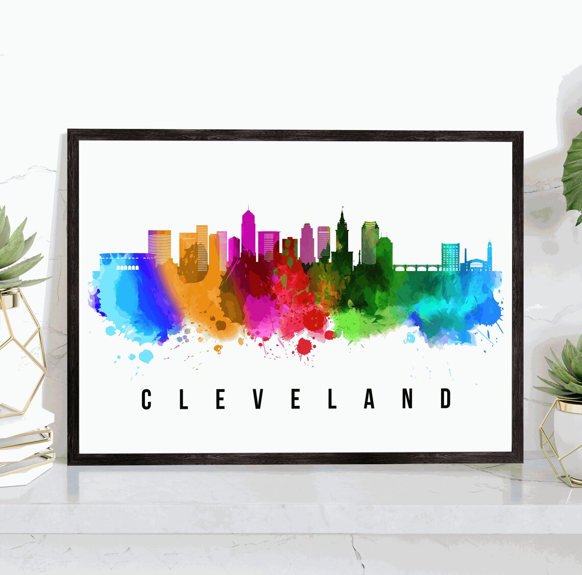 Cleveland Ohio Downtown Blue Watercolor Skyline Art Travel Poster