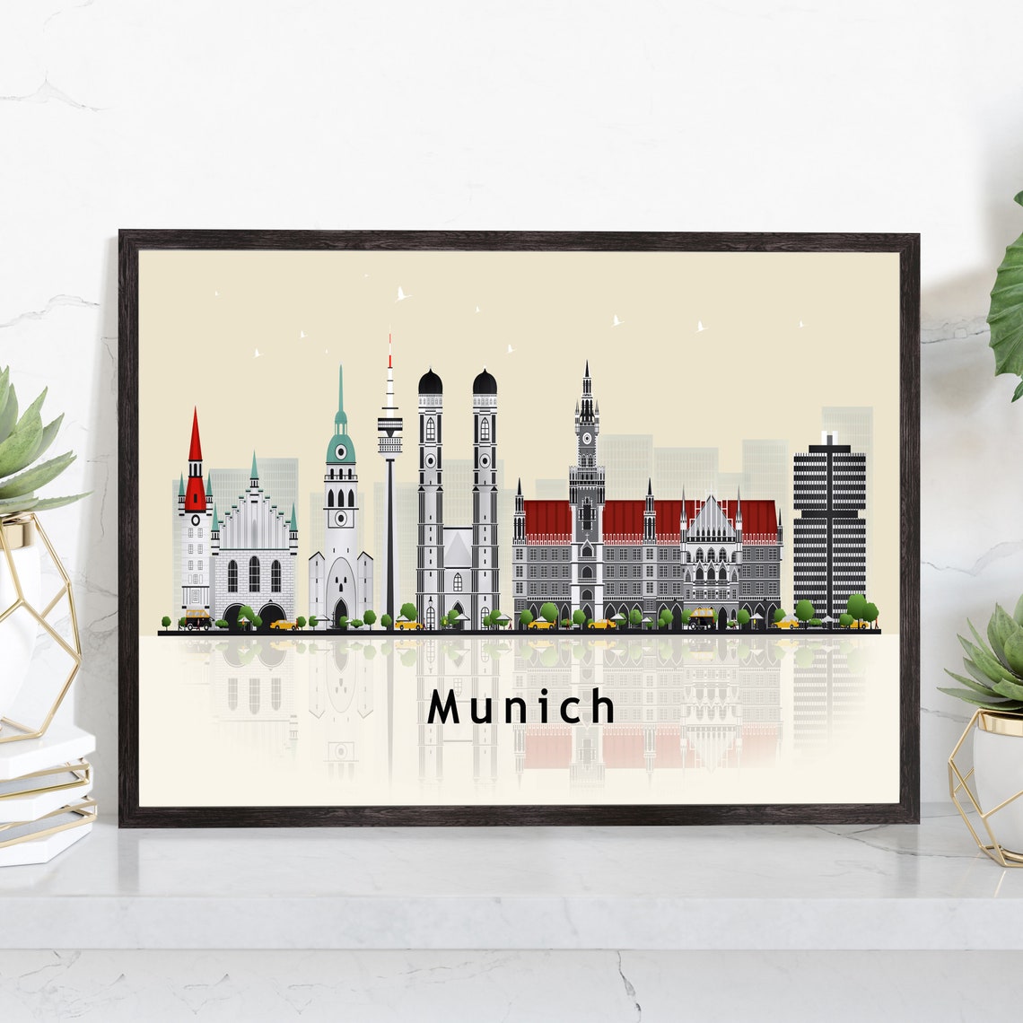 Munich Germany Cream Skyline Illustration Landmarks Reflection Poster