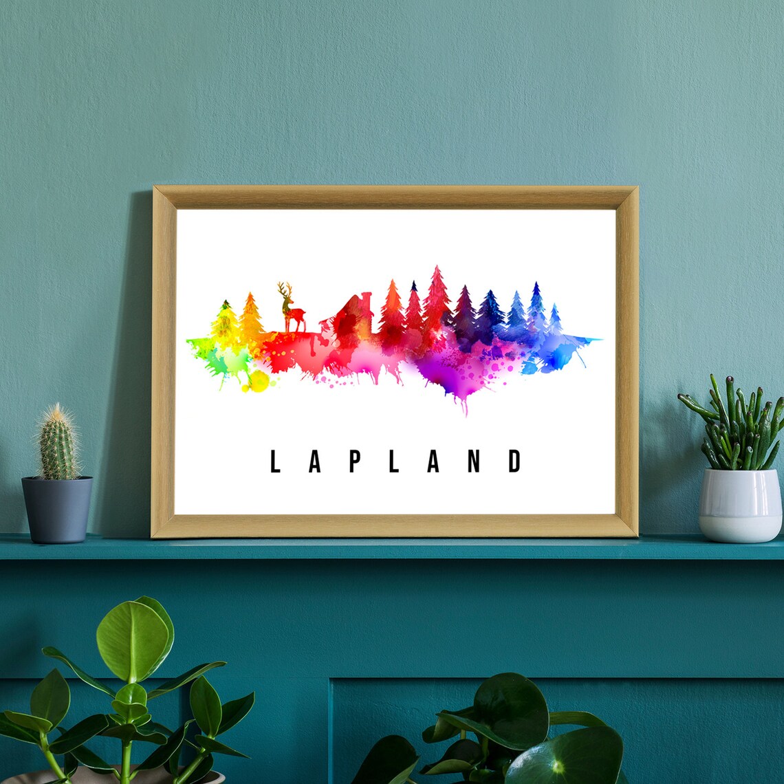 Lapland Finland Reindeer Forest Rainbow Watercolor Travel Poster - Image 3