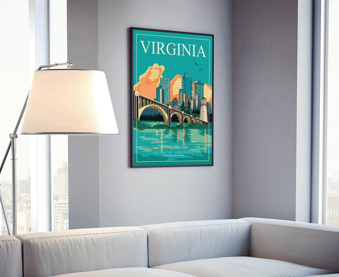 Virginia Mother Of Presidents Retro Cityscape Bridge Travel Poster - Image 4