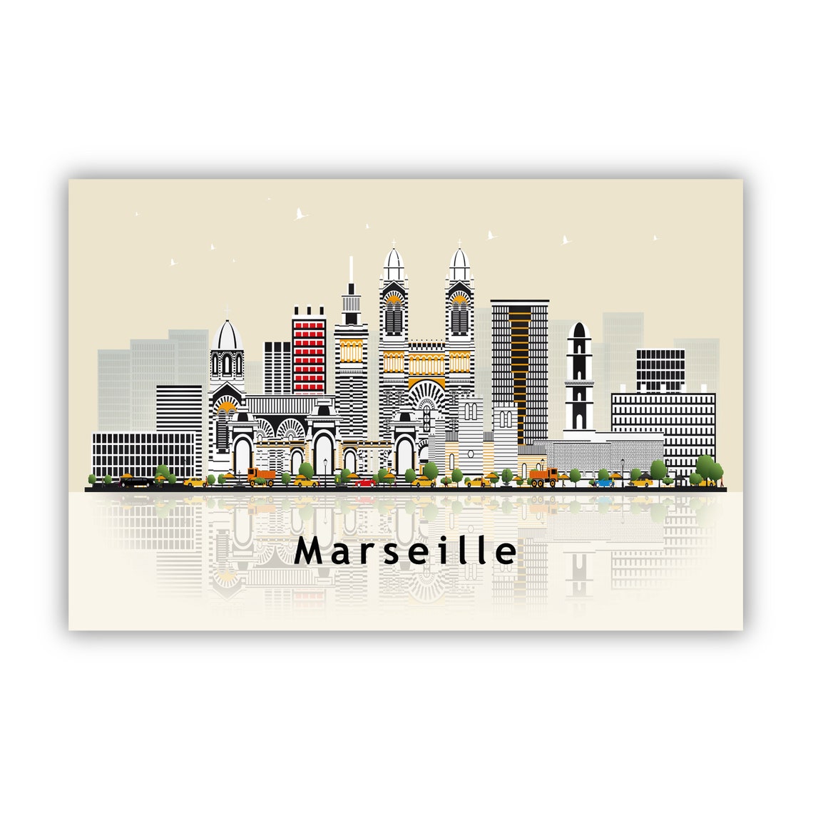Marseille France Illustration Skyline Poster Modern Skyline Cityscape Poster Print France Landmark Map Poster Home Wall Art Decoration - Image 2