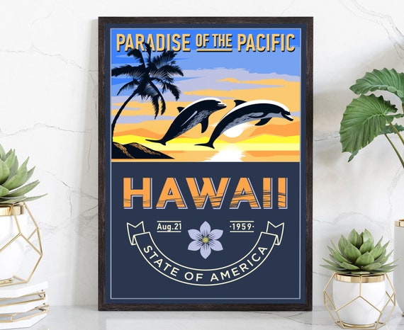 United States Hawaii State Poster Hawaii Poster Print Hawaii State Emblem Poster Retro Travel State Poster Home And Office Wall Art