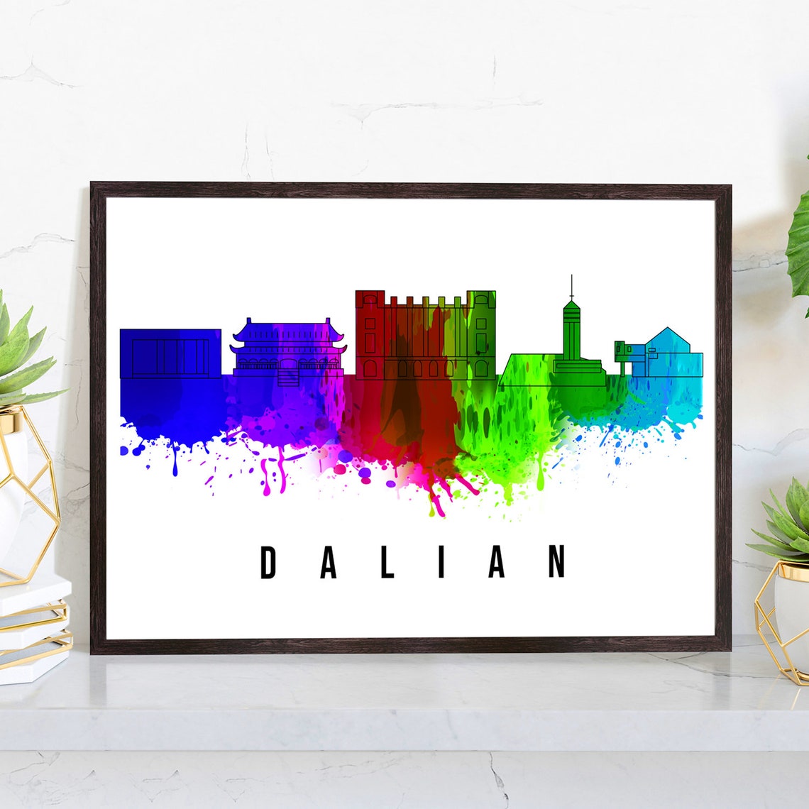 Dalian China Rainbow Watercolor Skyline Palace Towers Art Poster
