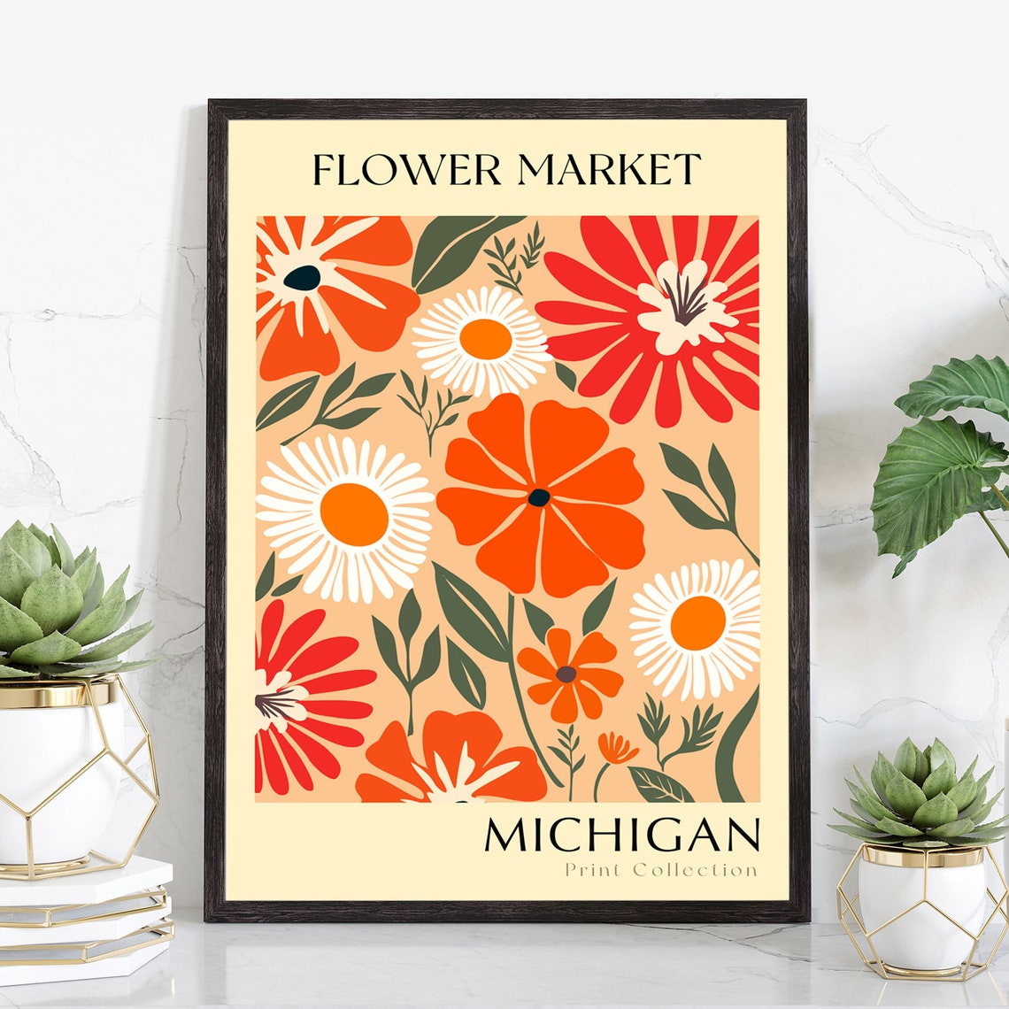 Michigan Flower Market Retro Botanical Daisy Floral Boho Wall Art