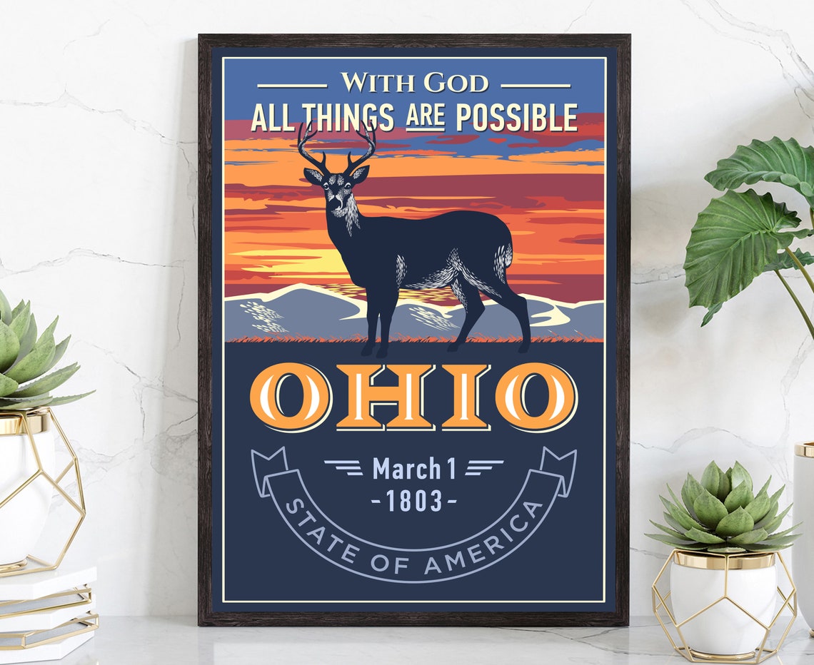 Ohio With God All Things Are Possible Deer Sunset State Poster Vintage