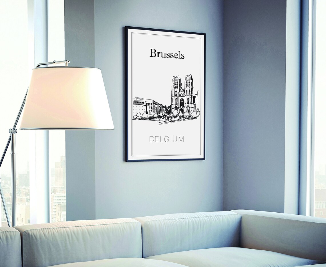 Brussels Belgium Historic Cathedral Twin Towers Sketch Wall Art Poster - Image 4