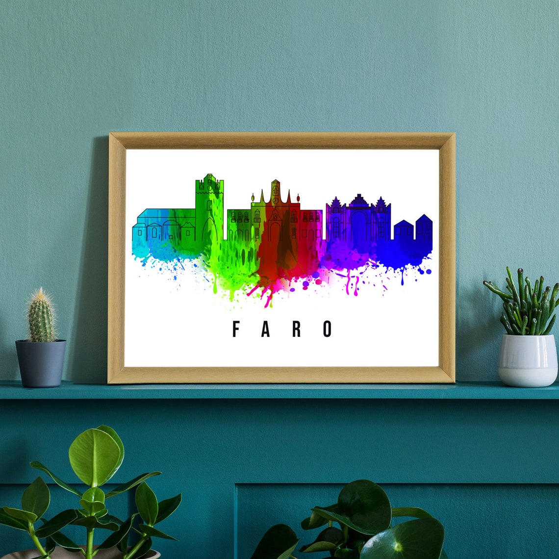Faro Portugal Rainbow Watercolor Skyline Algarve Old Town Poster - Image 2