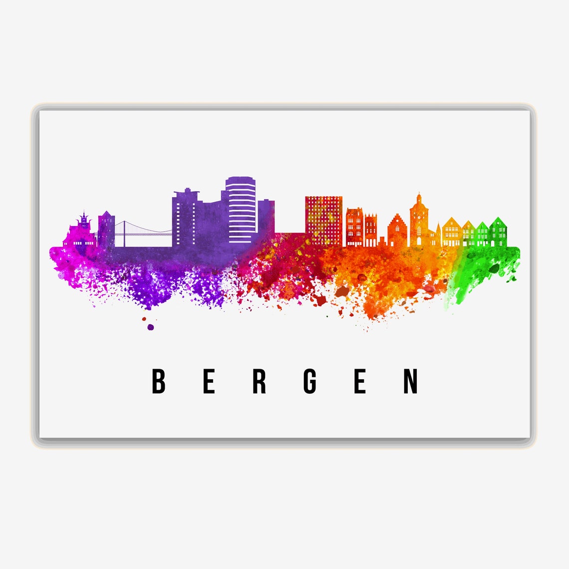Bergen Norway Rainbow Watercolor Skyline Silhouette Harbor City Poster - Image 2