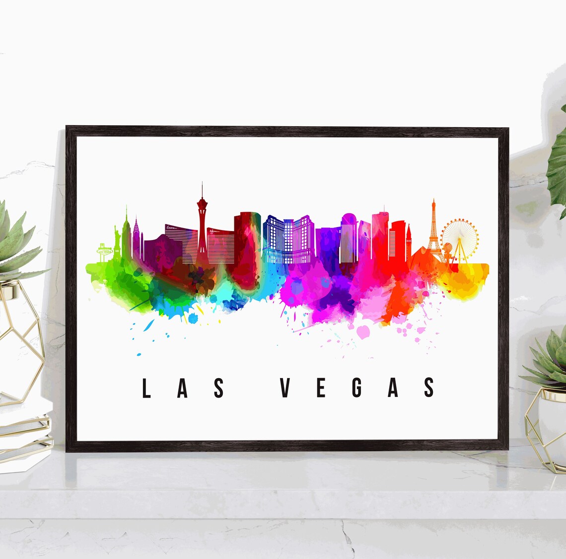 Las Vegas Nevada Rainbow Watercolor Skyline Illustration Travel Poster