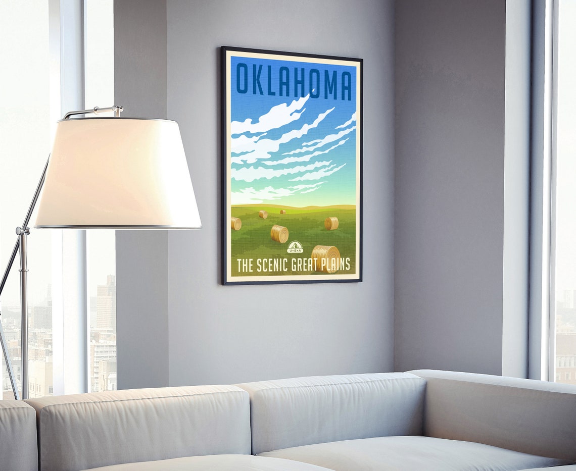 Oklahoma Scenic Great Plains Hay Bales Blue Sky Retro Travel Poster - Image 4