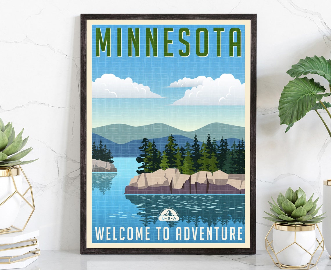 Minnesota Lake Pine Forest Retro Welcome to Adventure Travel Poster