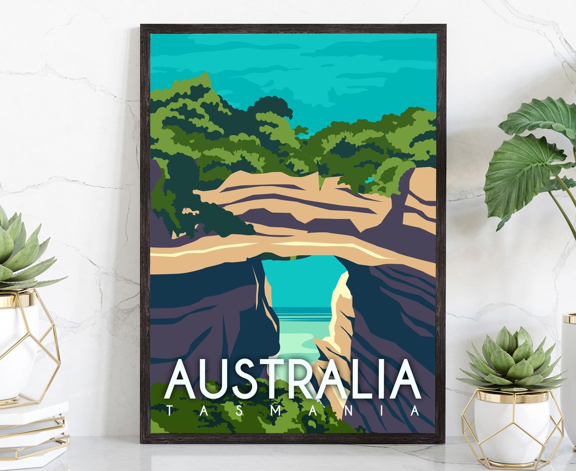 Tasmania Australia Coastal Rock Arch Turquoise Retro Travel Poster