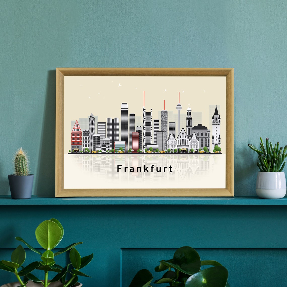 Frankfurt Germany Old Town Skyline Illustration With Reflection Poster - Image 3
