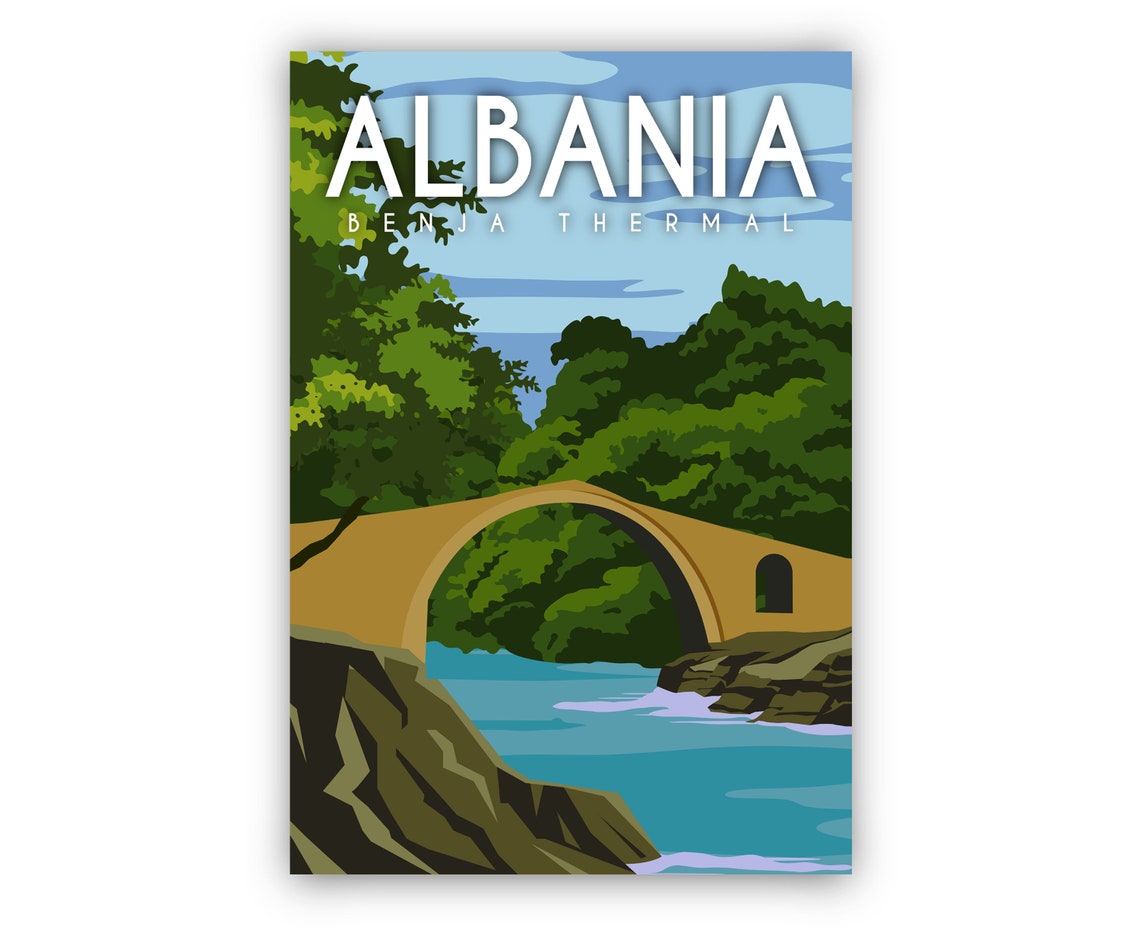 Albania Benja Thermal Stone Bridge Retro Nature Travel Poster - Image 2