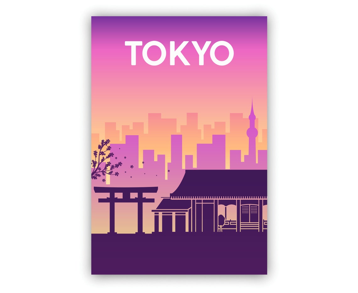 Tokyo Japan Torii Gate Cherry Blossom Sunset Skyline Silhouette Poster - Image 2