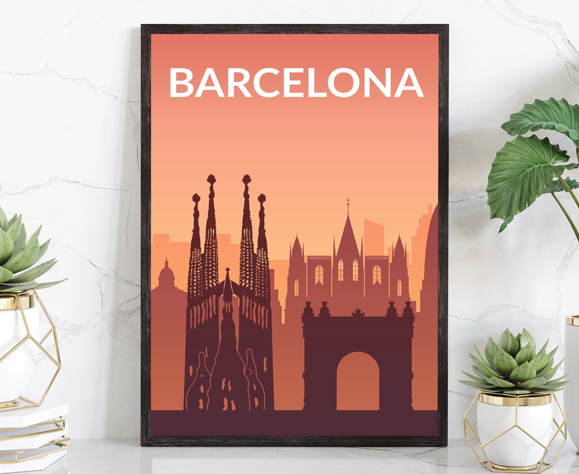 Barcelona Spain Sagrada Familia Spires Sunset Minimalist Travel Poster