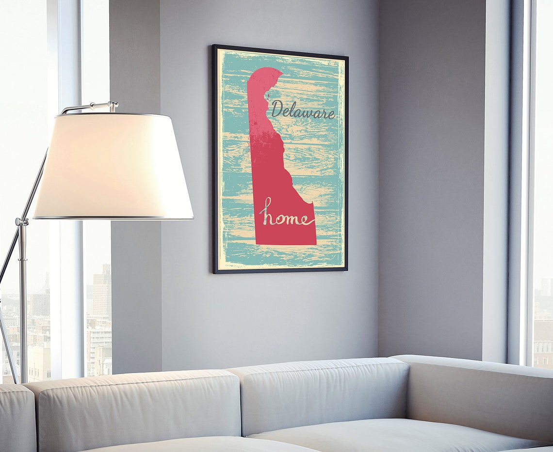 Delaware State Silhouette Home Pink Teal Distressed Wood Wall Art - Image 4