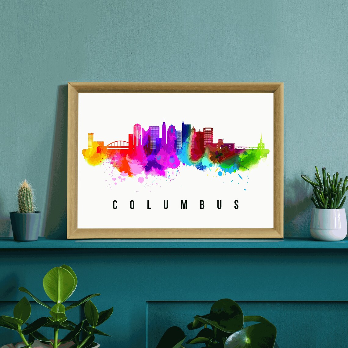 Columbus Ohio Rainbow Watercolor City Skyline Silhouette Travel Poster - Image 3