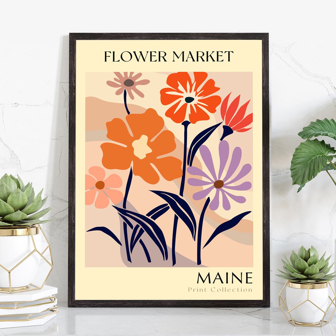 Maine Flower Market Orange Pink Bloom Modern Botanical Art Poster