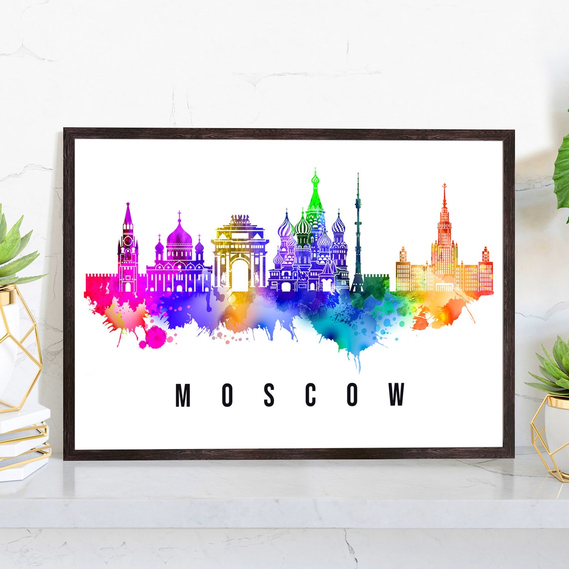 Moscow Russia Watercolor Rainbow Skyline St Basils Landmark Poster
