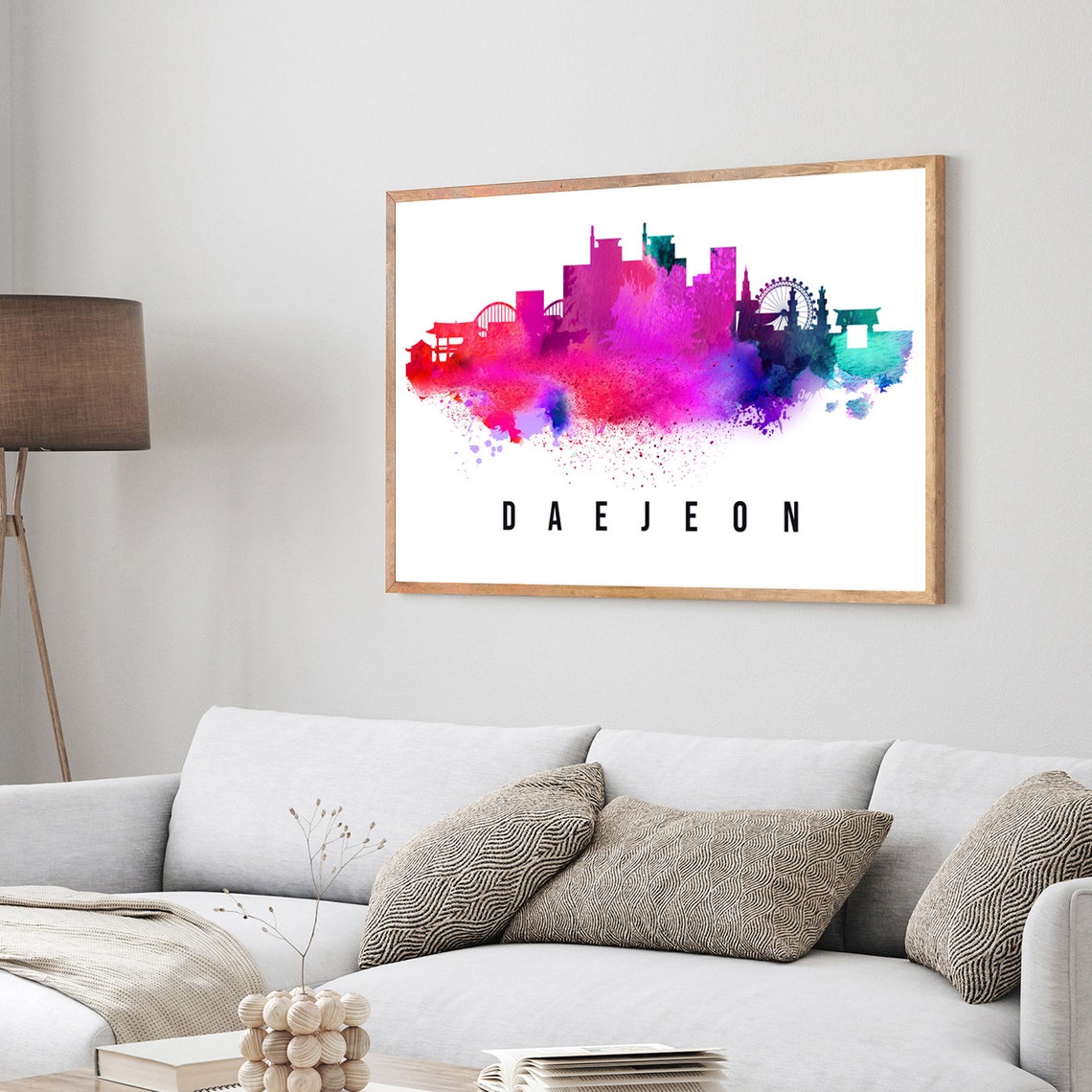 Daejeon South Korea Watercolor Magenta Skyline Cityscape Splash Poster - Image 3