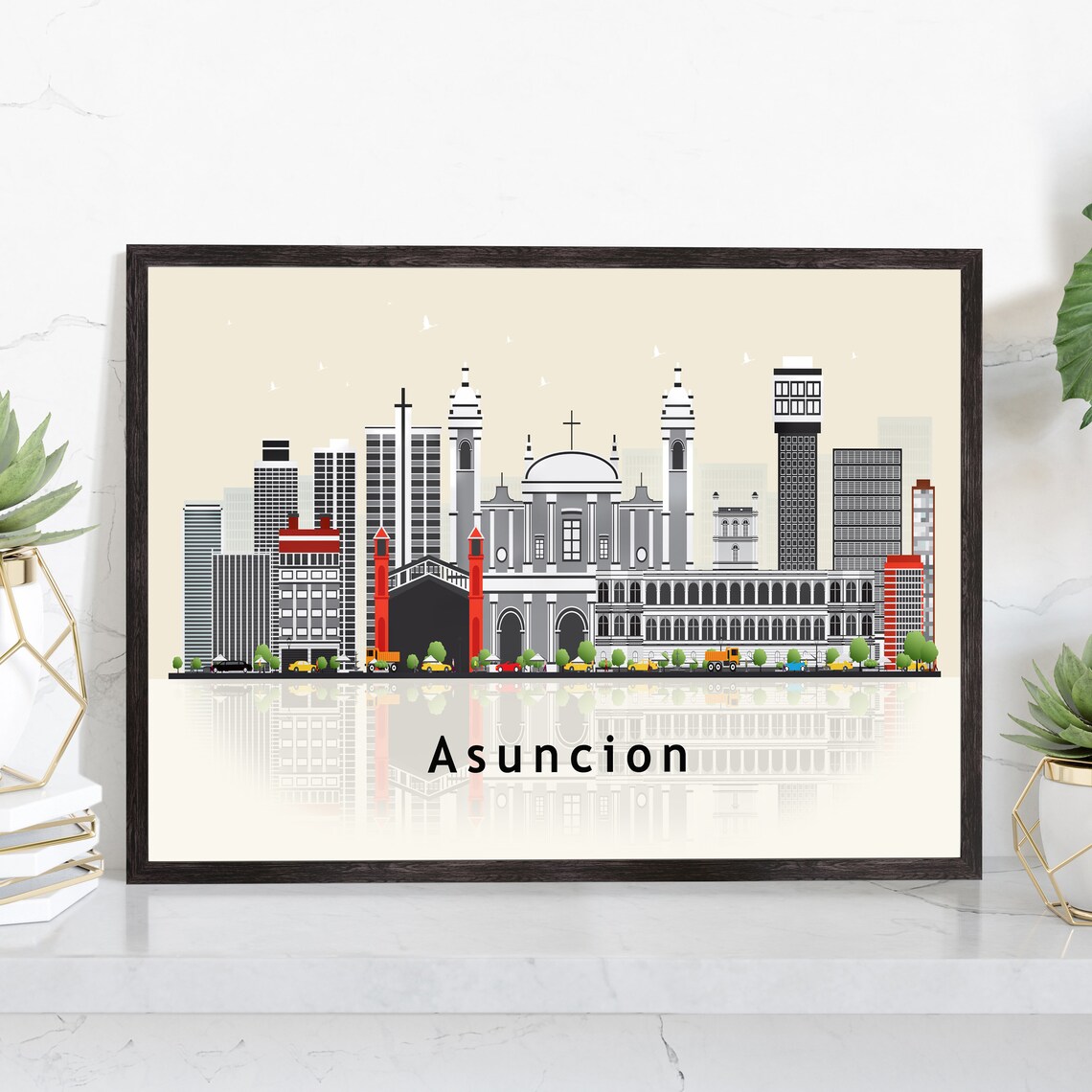 Asuncion Paraguay Grey Cathedral Skyline Illustration Travel Poster